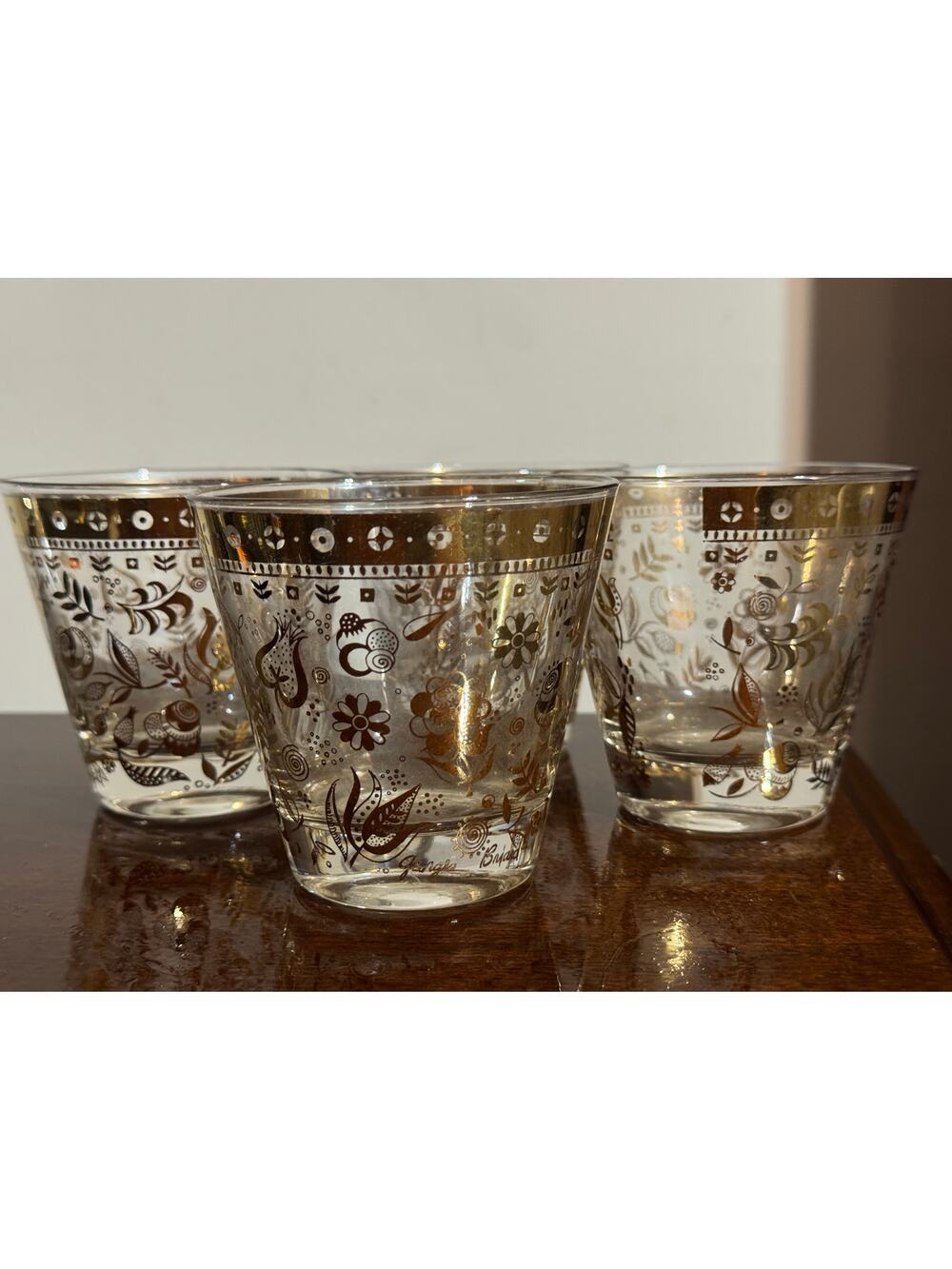 Set of 4 Georges Briard "Persian Garden" 22k Brown Gold Floral Design Glassses